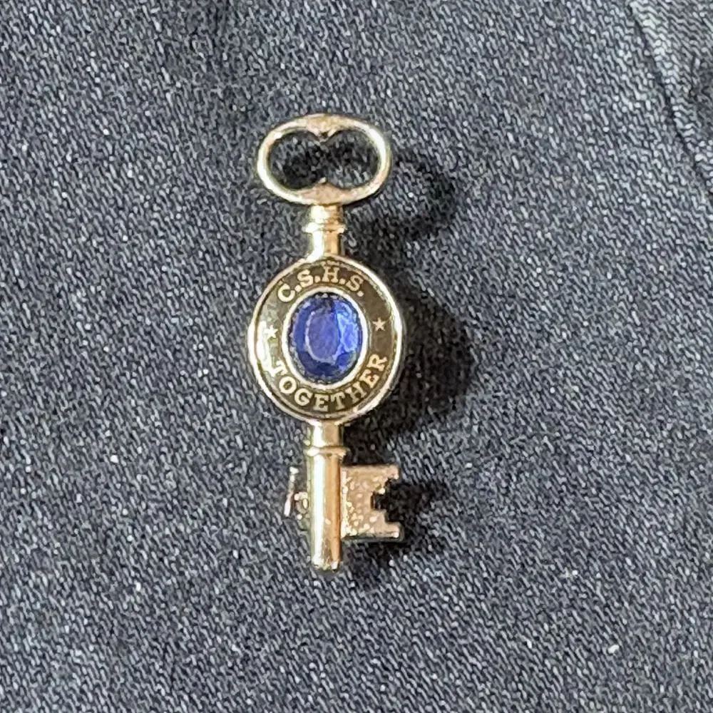 Key Brooch Silver Tone Blue Stone High School 1 1/4